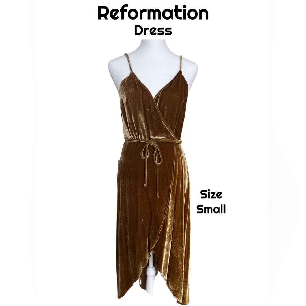 Reformation Gold Velvet Spaghetti Strap Wrap MIDI Dress